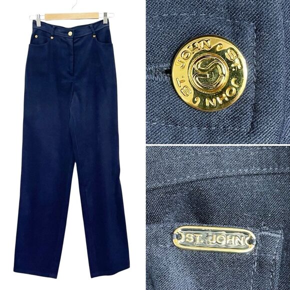 St. John Sport Pants Size 4 Navy Blue Straight Leg Stretch Trousers Logo Button - Picture 1 of 12